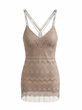 ⭐️NWT Jessica Simpson Crochet Fringe Dress Size 4 Taupe Boho Festival Beach Mini